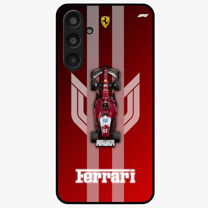 Red Ferrari F1 Vertical Glass Case showing flat back view with sleek Formula racing car artwork and glossy glass finish.