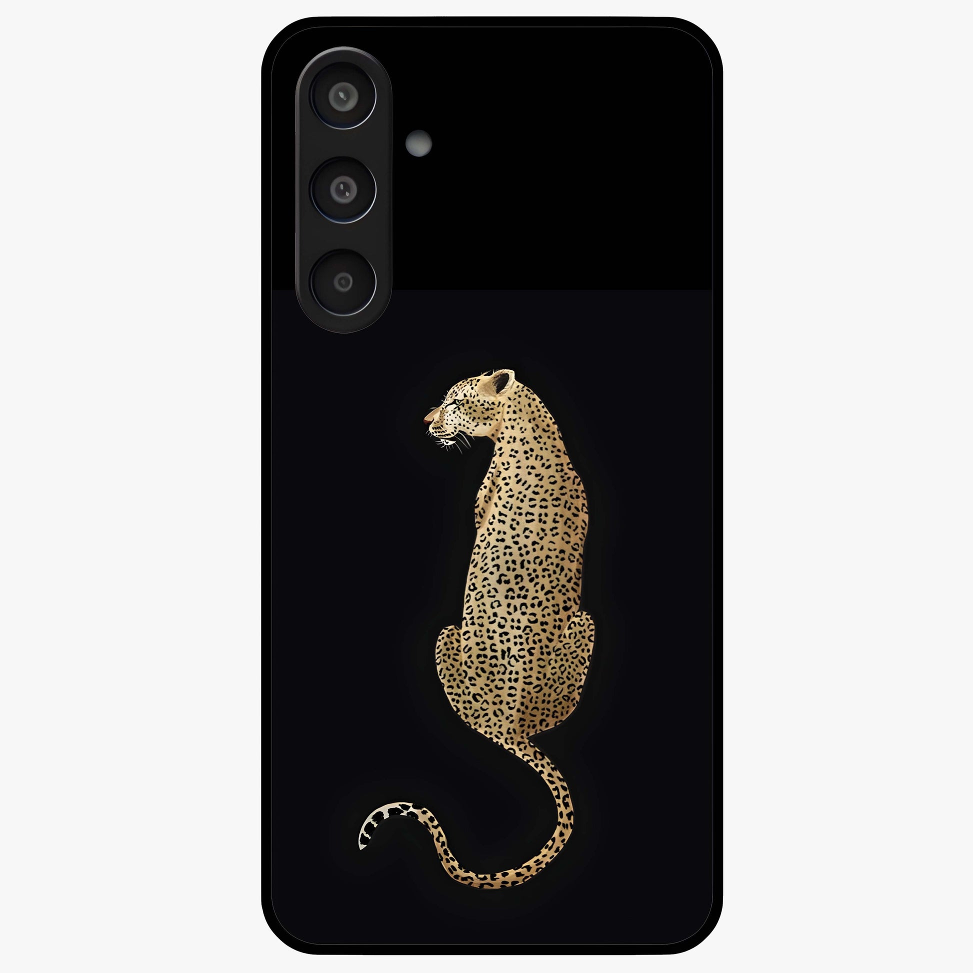 Regal Leopard Glass Case showing flat back view with bold leopard artwork and glossy glass finish.