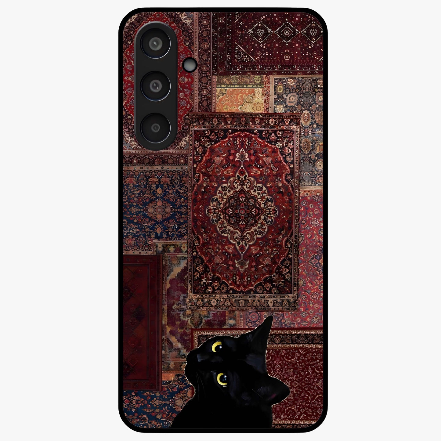 Regal Magic Cat Apple Glass Case showing flat back view with magical cat artwork holding apple and glossy glass finish.
