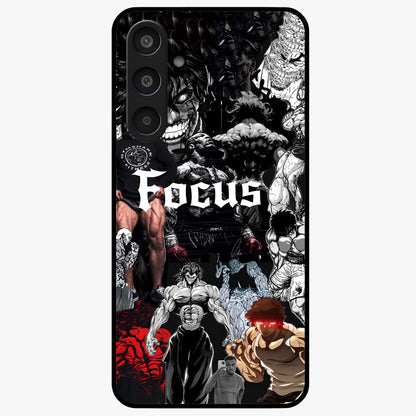 Relentless Power Focus Glass Case showing flat back view with motivational typography artwork and glossy glass finish.