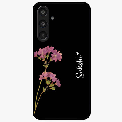 Riching Lavender Flower Custom Name Glass Case showing flat back view with lavender floral artwork and personalized name design.