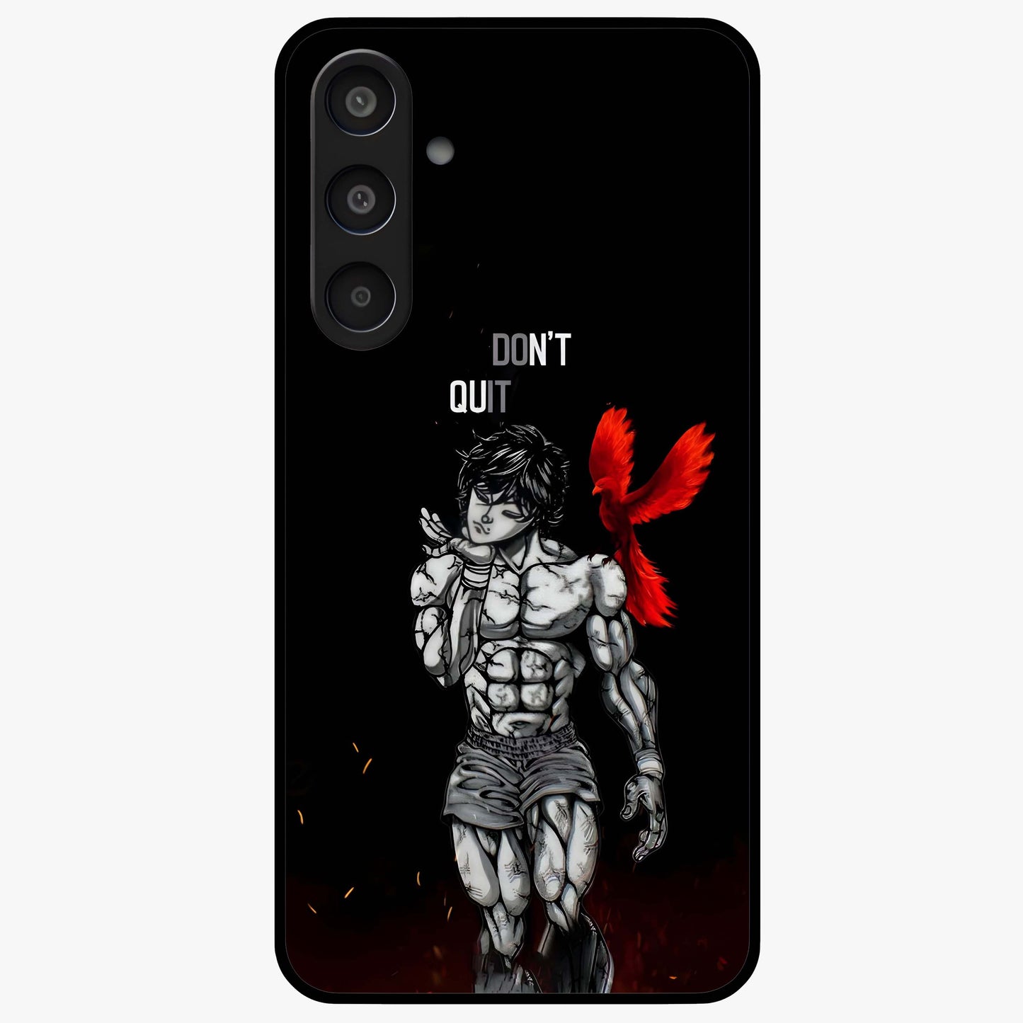 Rise Beyond Limits Glass Case showing flat back view with motivational typography artwork and glossy glass finish.