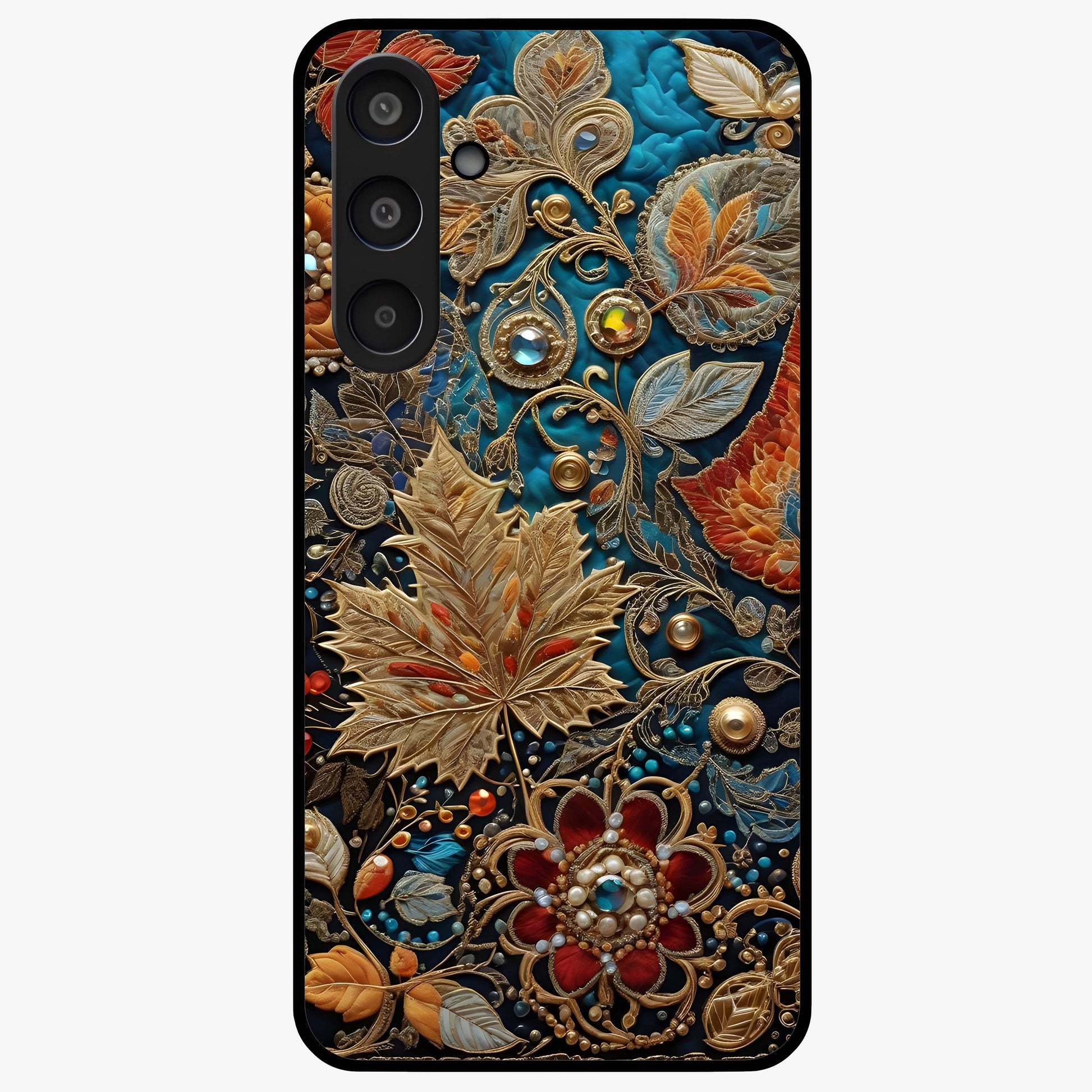 Royal Jewel Garden Glass Case showing flat back view with decorative floral garden artwork and glossy glass finish.