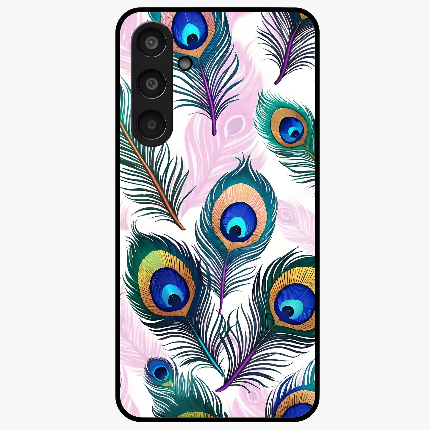 Royal Peacock Feathers Glass Case showing flat back view with colorful peacock feather artwork and glossy glass finish.