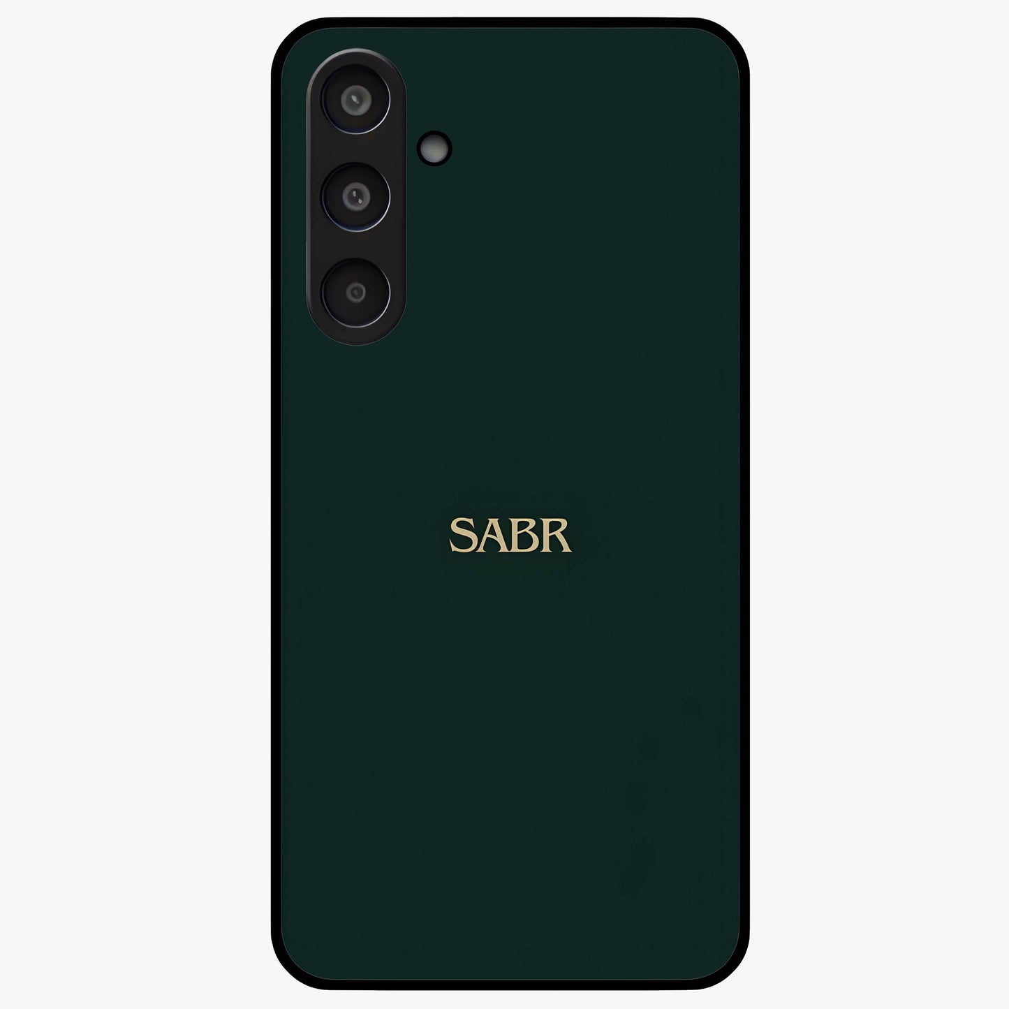 Sabr Minimal Patience Glass Case showing flat back view with minimalist typography artwork and glossy glass finish.