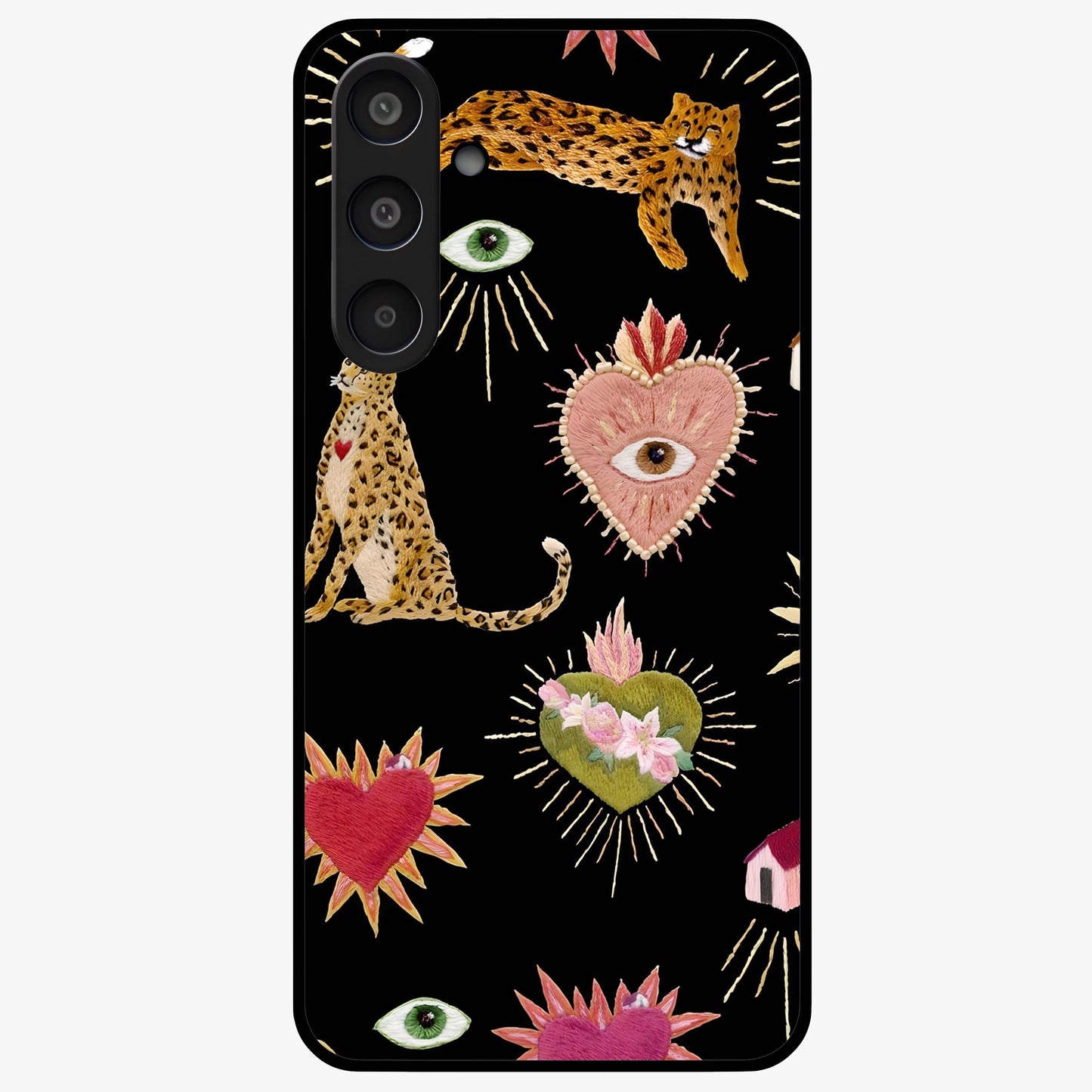 Sacred Jungle Heart Glass Case showing flat back view with jungle inspired heart artwork and glossy glass finish.