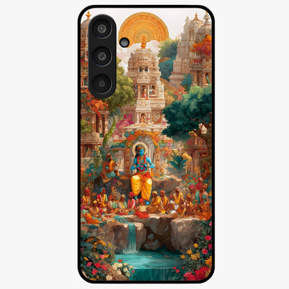 Sacred Sunlight Gods Glass Case showing flat back view with divine sunlight themed artwork and glossy glass finish.