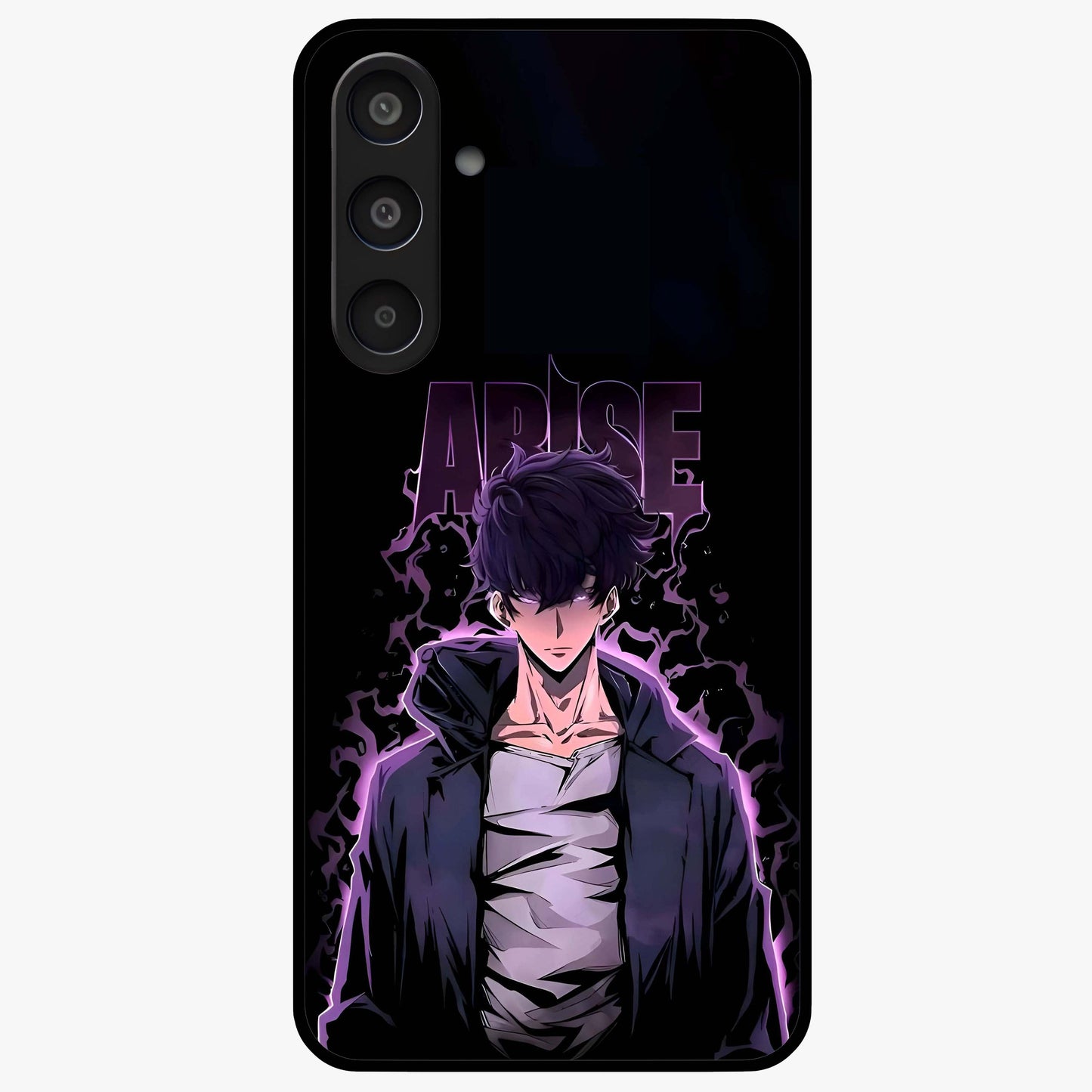 Shadow Monarch Awakening Glass Case showing flat back view with powerful dark monarch themed artwork and glossy glass finish.