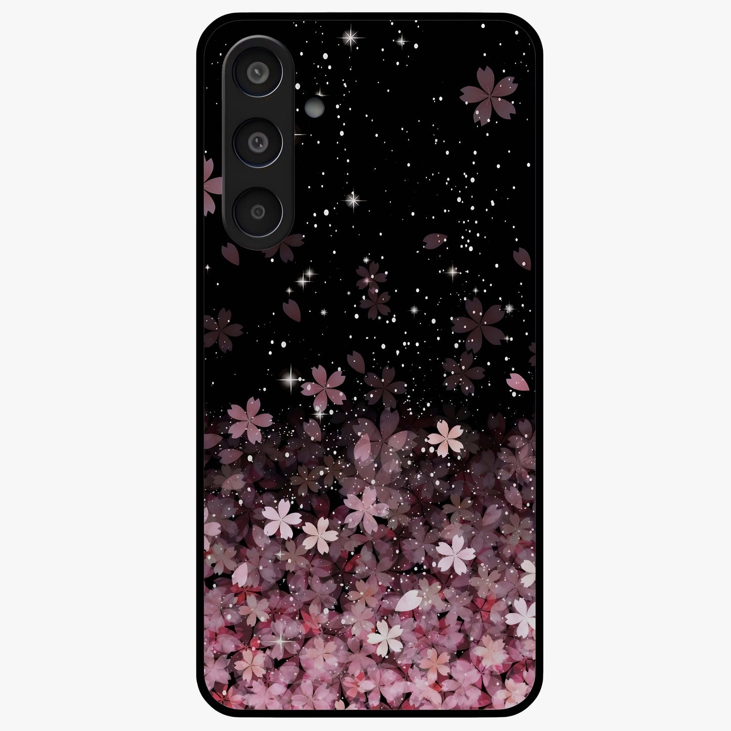Small Starry Flowers Glass Case showing flat back view with delicate starry floral artwork and glossy glass finish.