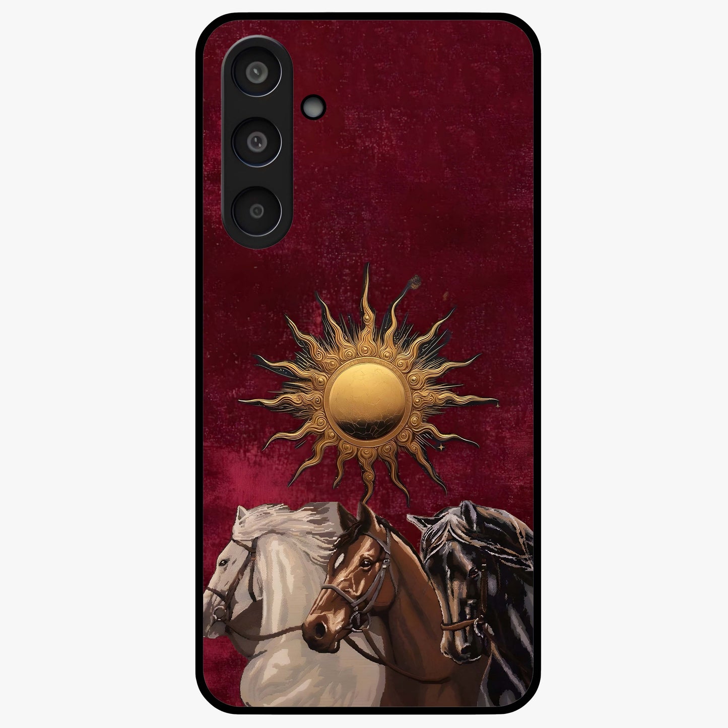 Solar Riders Glass Case showing flat back view with dynamic rider themed artwork and glossy glass finish.