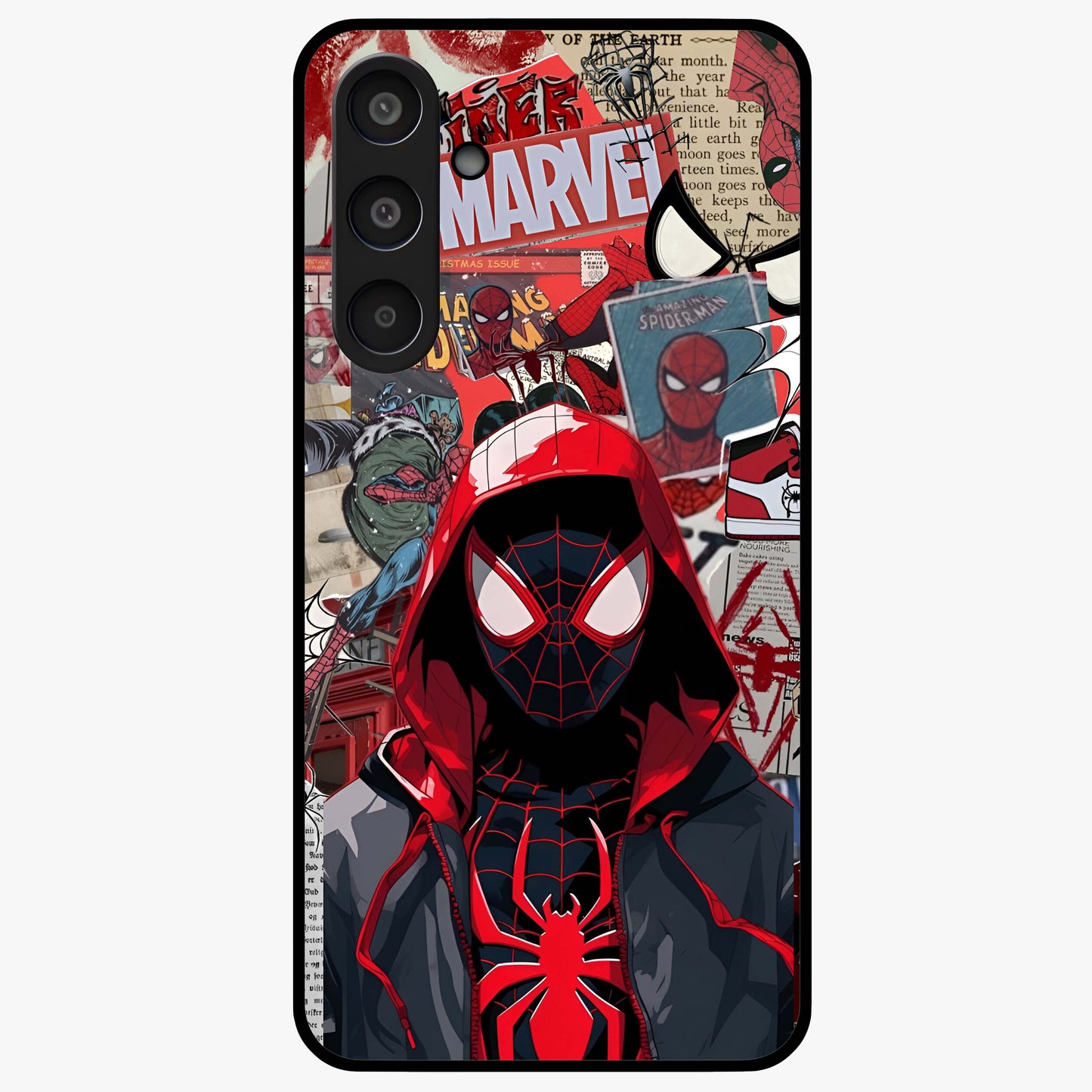 Spider Collage Street Glass Case showing flat back view with vibrant superhero collage artwork and glossy glass finish.