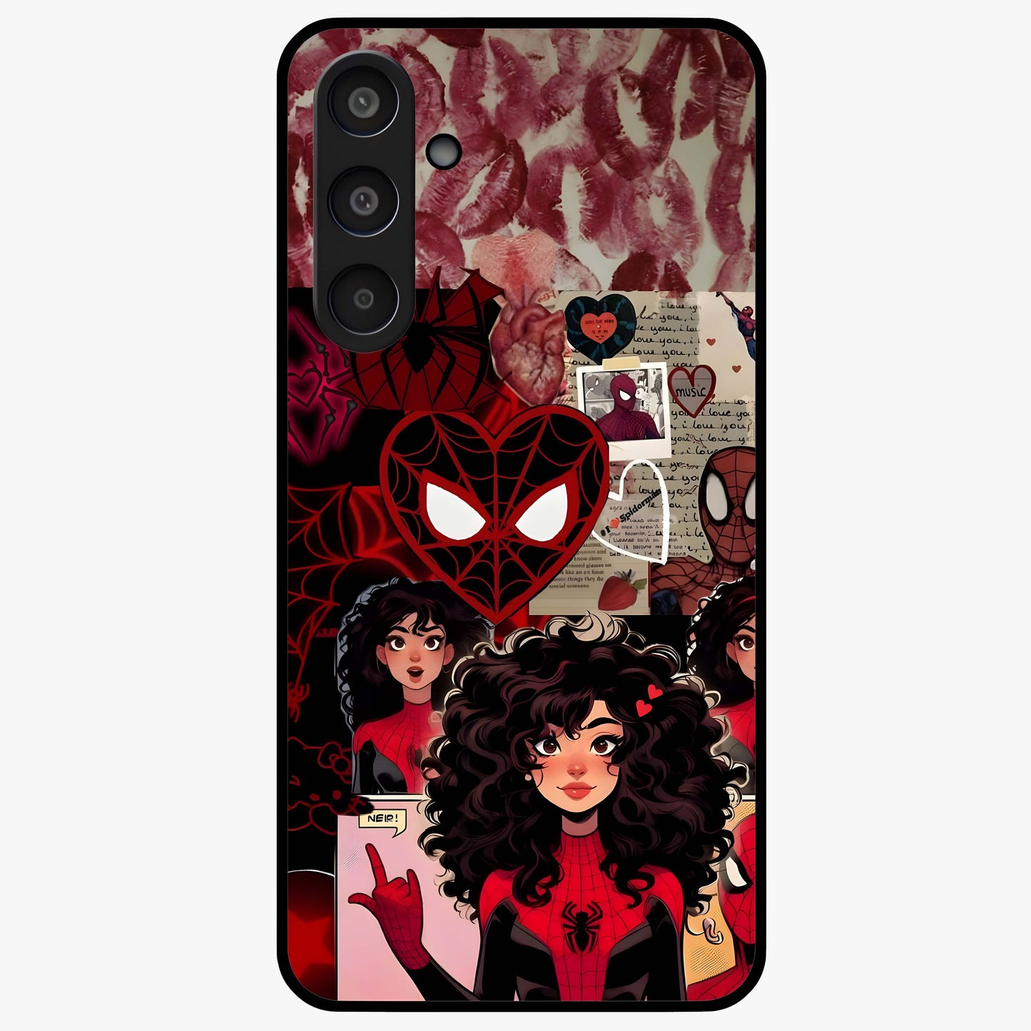 Spider Love Story Glass Case showing flat back view with romantic superhero themed artwork and glossy glass finish.