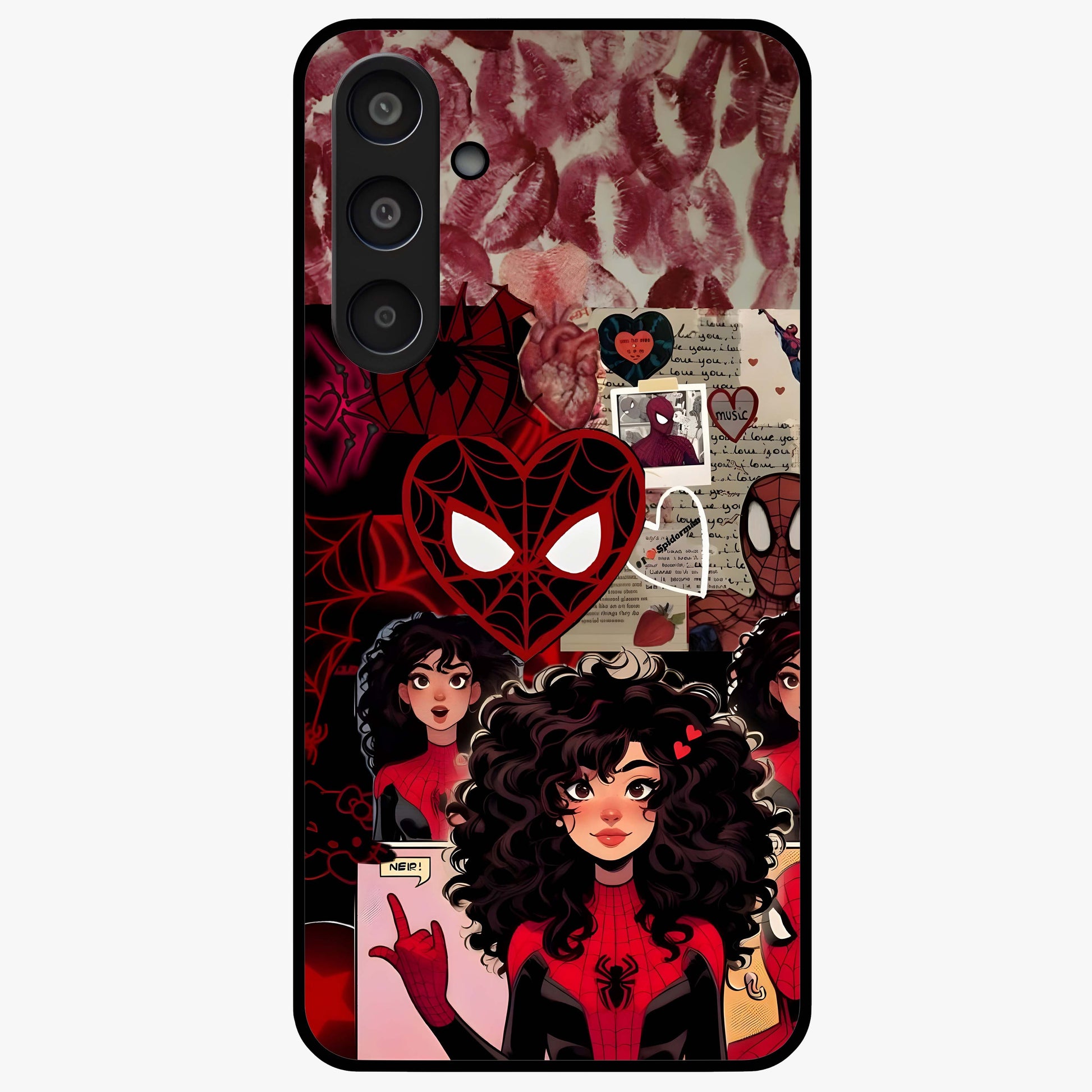 Spider Love Story Glass Case showing flat back view with romantic superhero themed artwork and glossy glass finish.