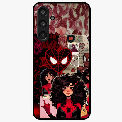 Spider Love Story Glass Case showing flat back view with romantic superhero themed artwork and glossy glass finish.