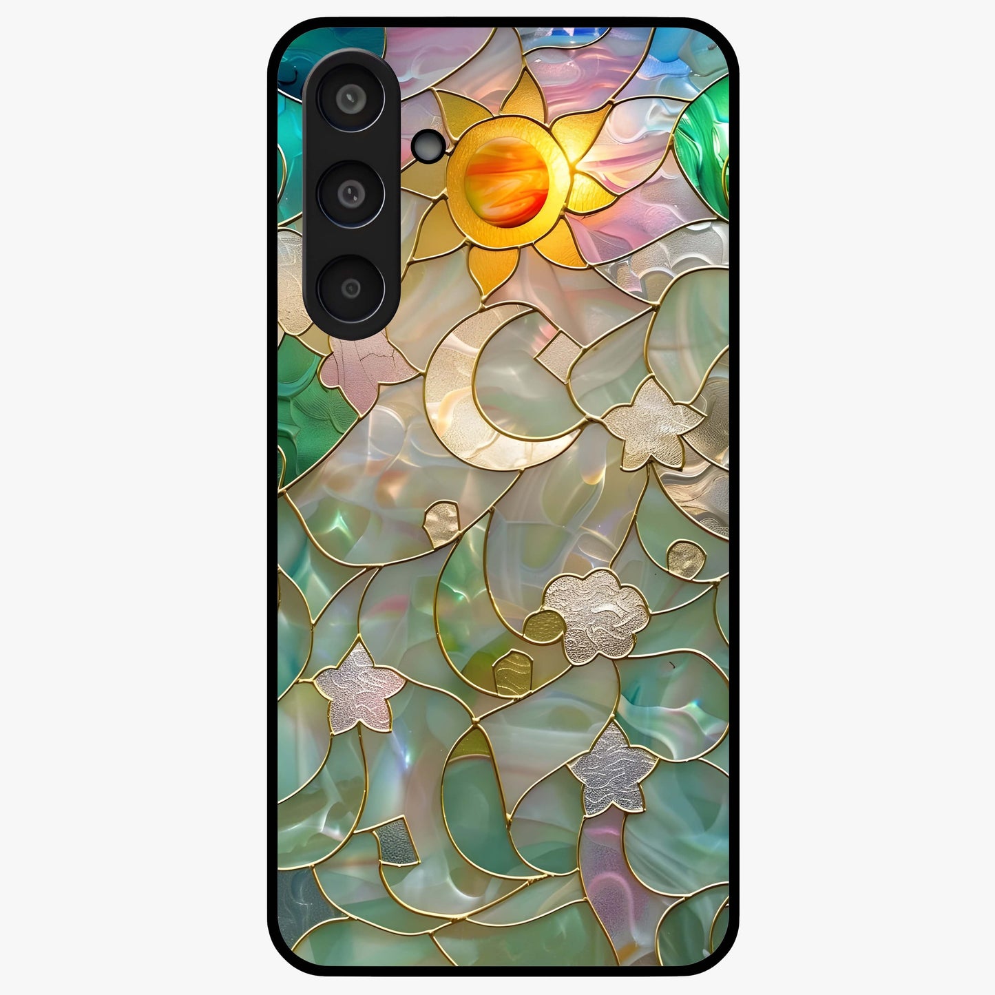 Stained Sunrise Glow Glass Case showing flat back view with glowing sunrise stained pattern artwork and glossy glass finish.