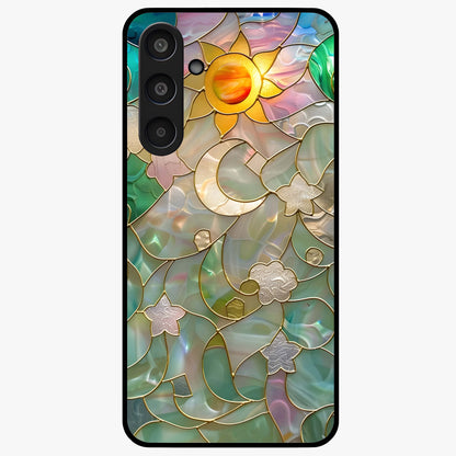 Stained Sunrise Glow Glass Case showing flat back view with glowing sunrise stained pattern artwork and glossy glass finish.