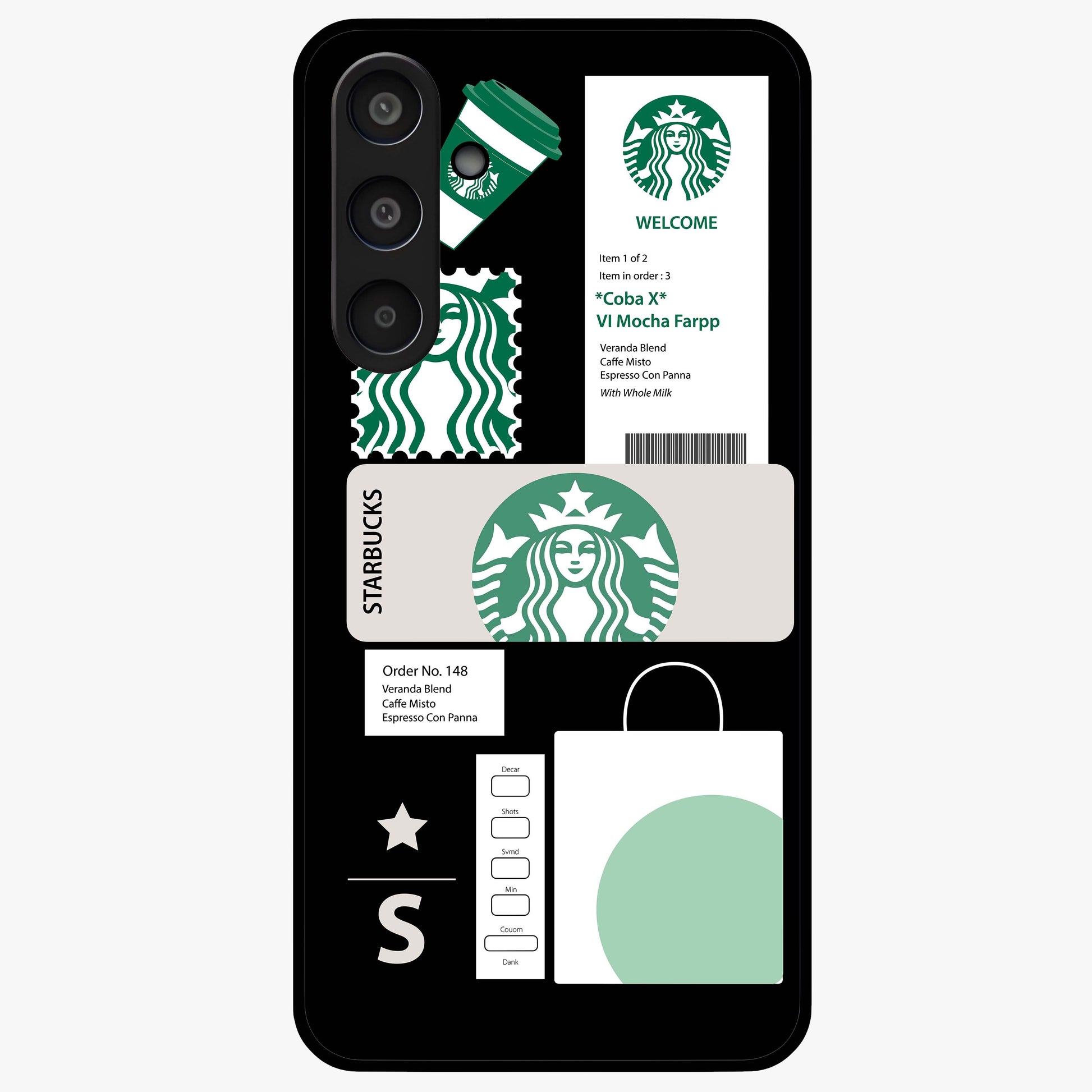 Starbucks Mocha Glass Case showing flat back view with coffee inspired artwork and glossy glass finish.