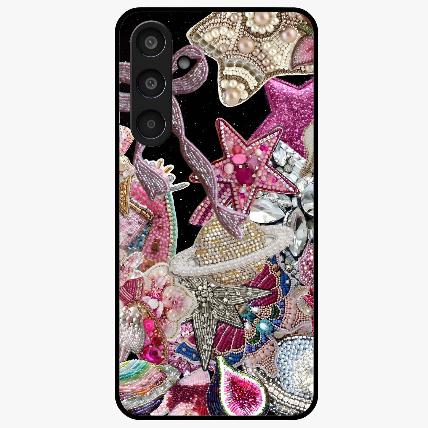 Starlit Jewel Dream Glass Case showing flat back view with sparkling jewel and star themed artwork and glossy glass finish.