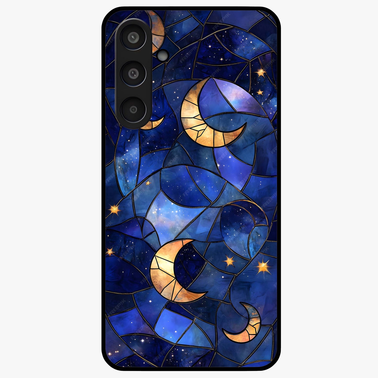 Starlit Sky Tapestry Glass Case showing flat back view with decorative starry sky tapestry artwork and glossy glass finish.