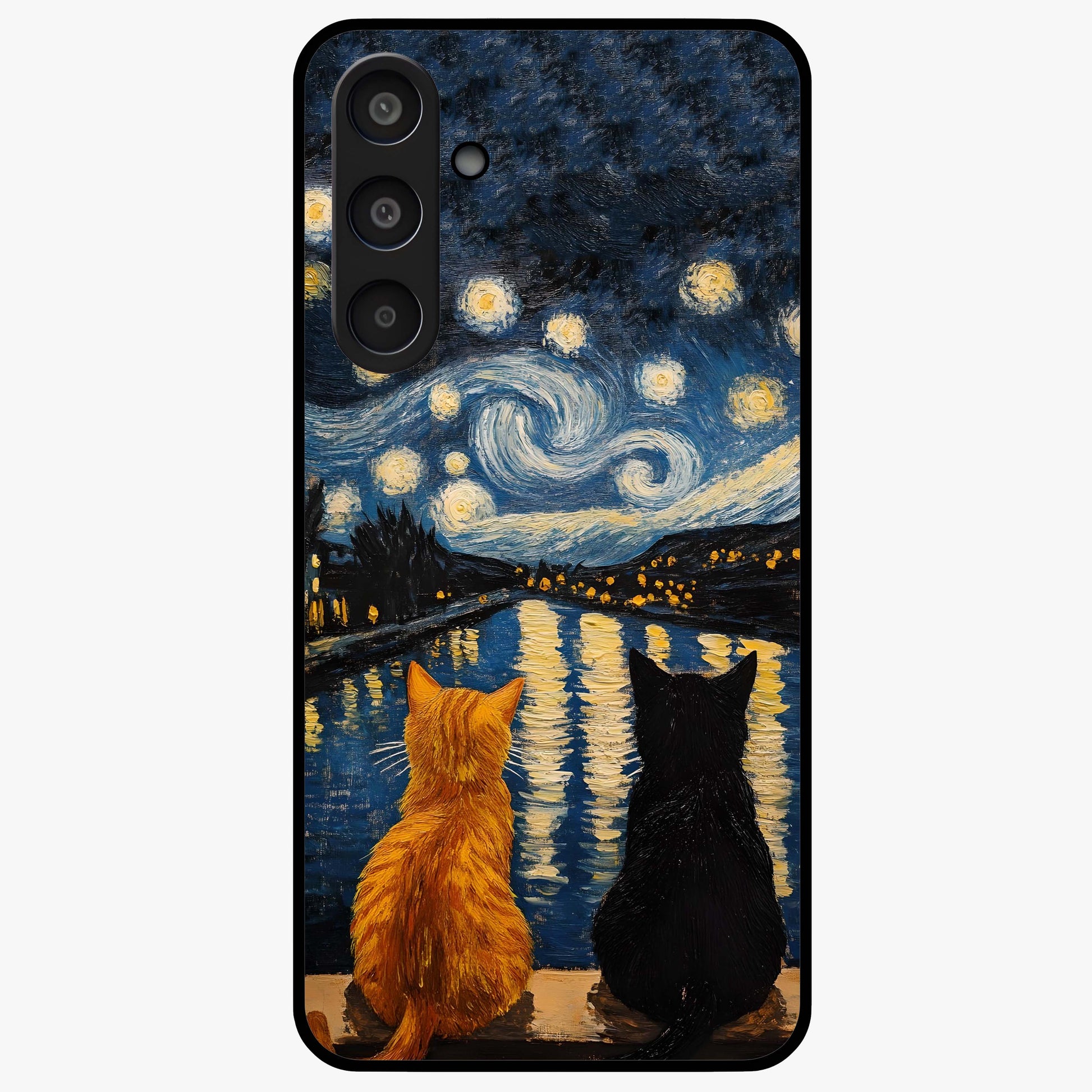 Starry River Cats Glass Case showing flat back view with cats by a starry river artwork and glossy glass finish.