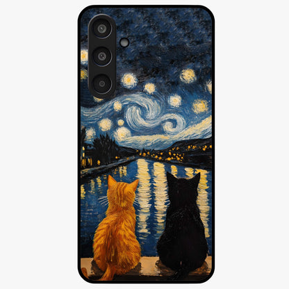 Starry River Cats Glass Case showing flat back view with cats by a starry river artwork and glossy glass finish.
