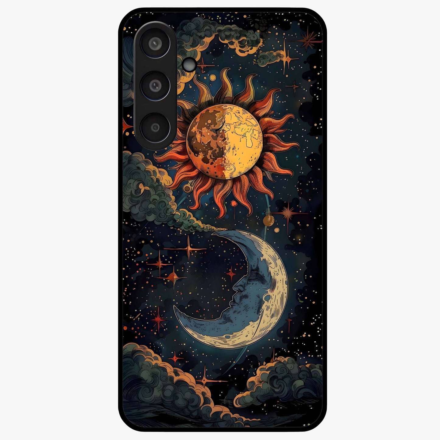 Sun And Moon Magic Design Glass Case showing flat back view with mystical sun and moon artwork and glossy glass finish.
