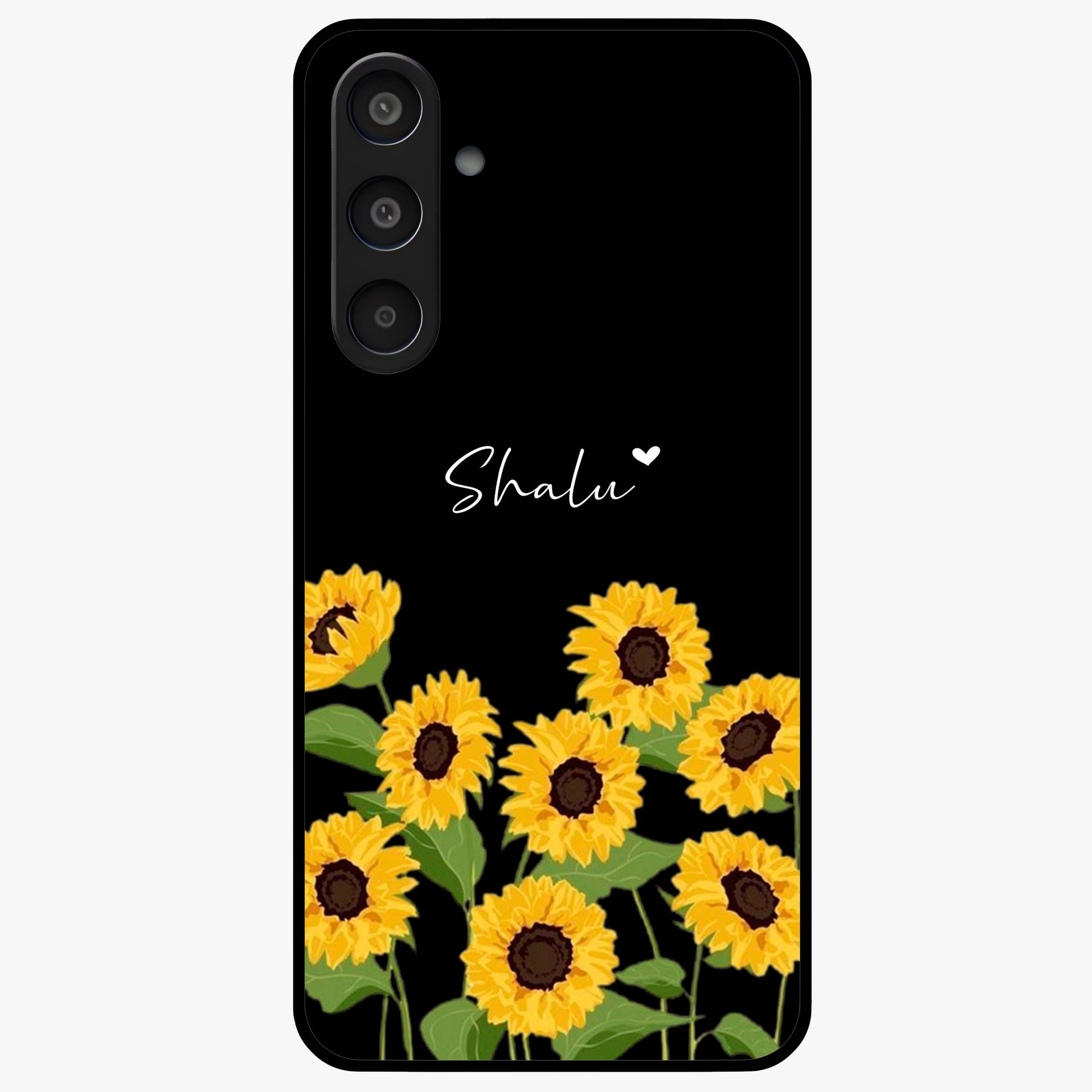 Sunflower Chic Mood Custom Name Glass Case showing flat back view with stylish sunflower artwork and personalized name design.