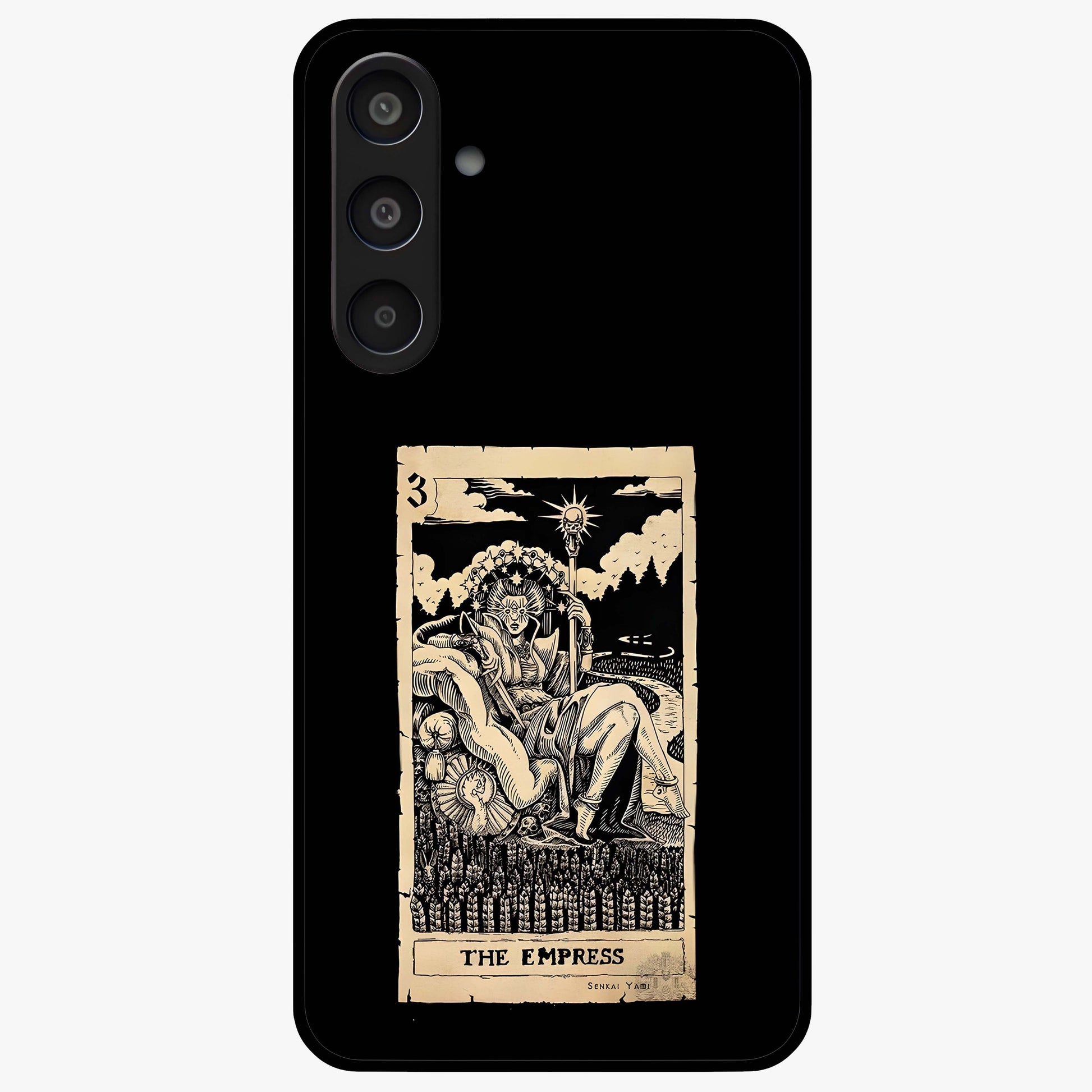 The Empress Glass Case showing flat back view with regal feminine artwork and glossy glass finish.