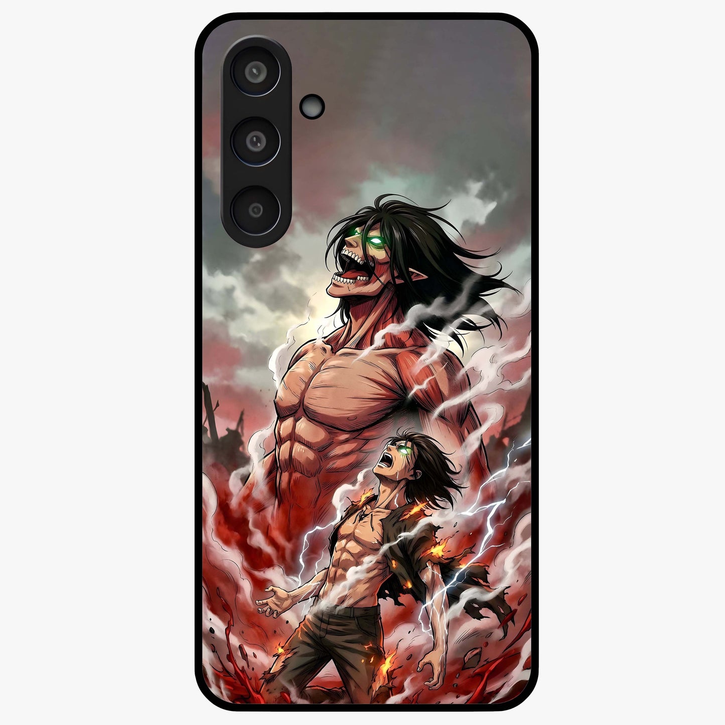 Titan Awakening Fury Glass Case showing flat back view with powerful titan inspired artwork and glossy glass finish.