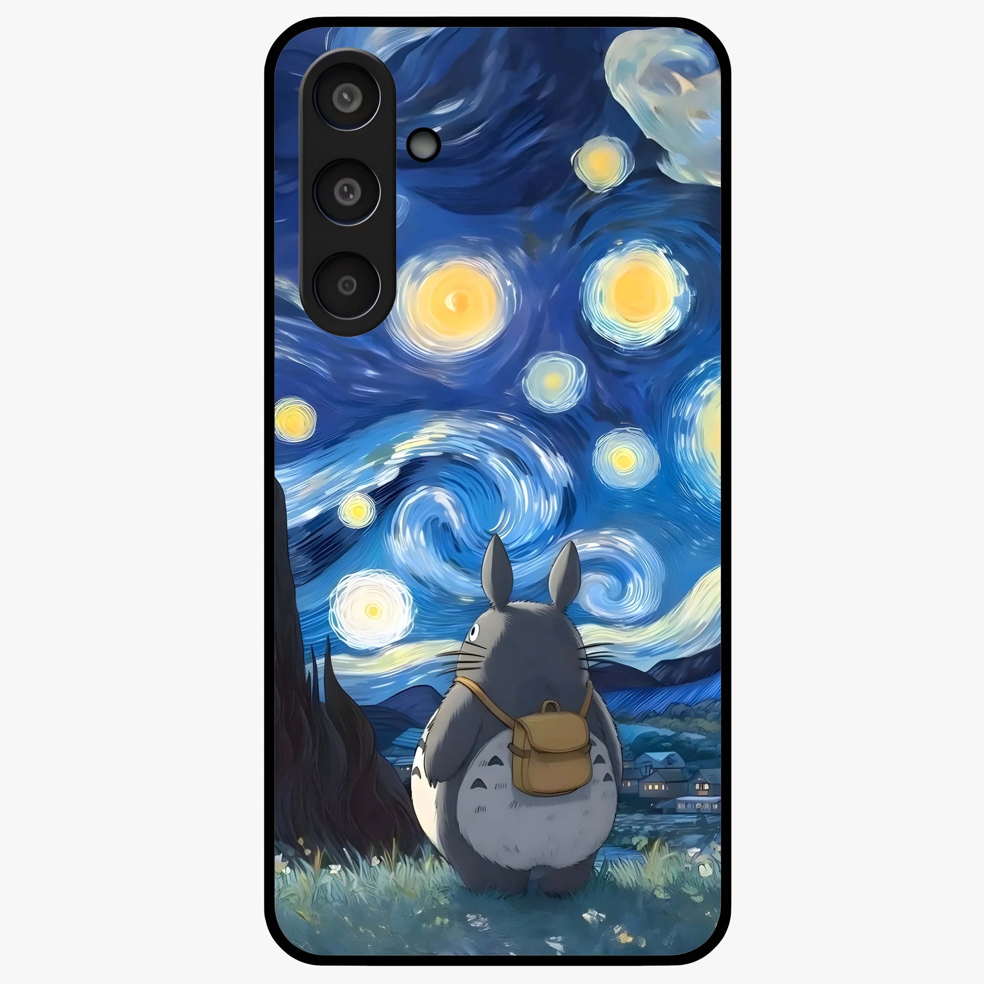 Totoro In Van Gogh Art Glass Case showing flat back view with whimsical character artwork inspired by Van Gogh style and glossy glass finish.