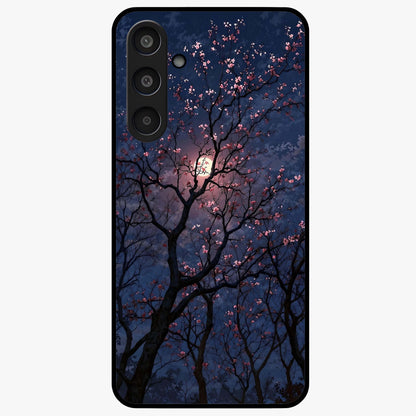 Twilight Sakura Serenade Glass Case showing flat back view with cherry blossom artwork at twilight and glossy glass finish.