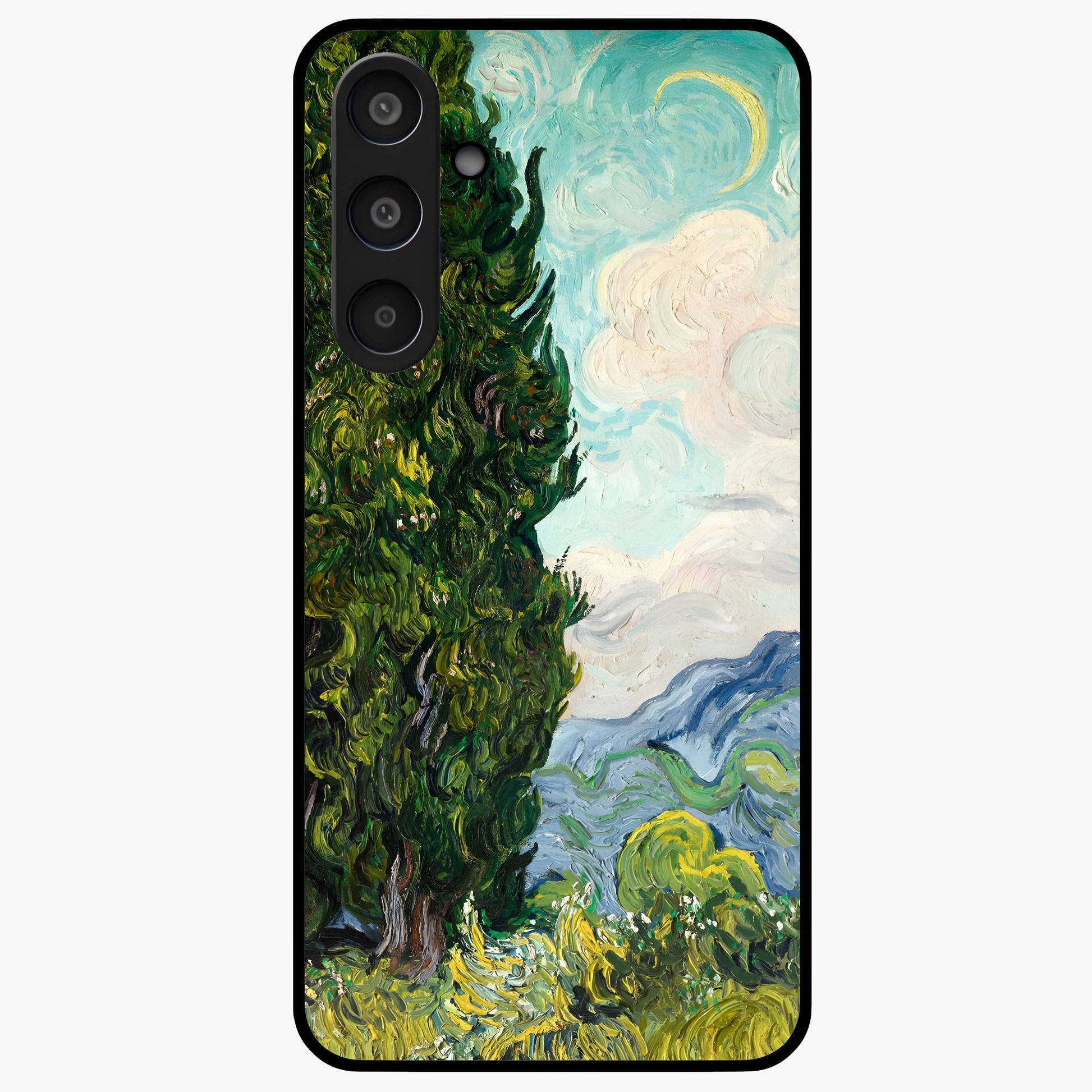 Van Gogh Vintage Art Glass Case showing flat back view with vintage painterly artwork inspired by Van Gogh style and glossy glass finish.