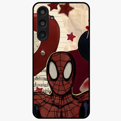 Web Warrior Vibes Glass Case showing flat back view with superhero inspired web themed artwork and glossy glass finish.