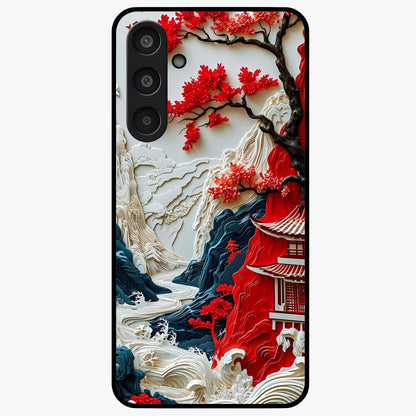 Whispers Of Sakura Waves Glass Case showing flat back view with cherry blossom wave artwork and glossy glass finish.
