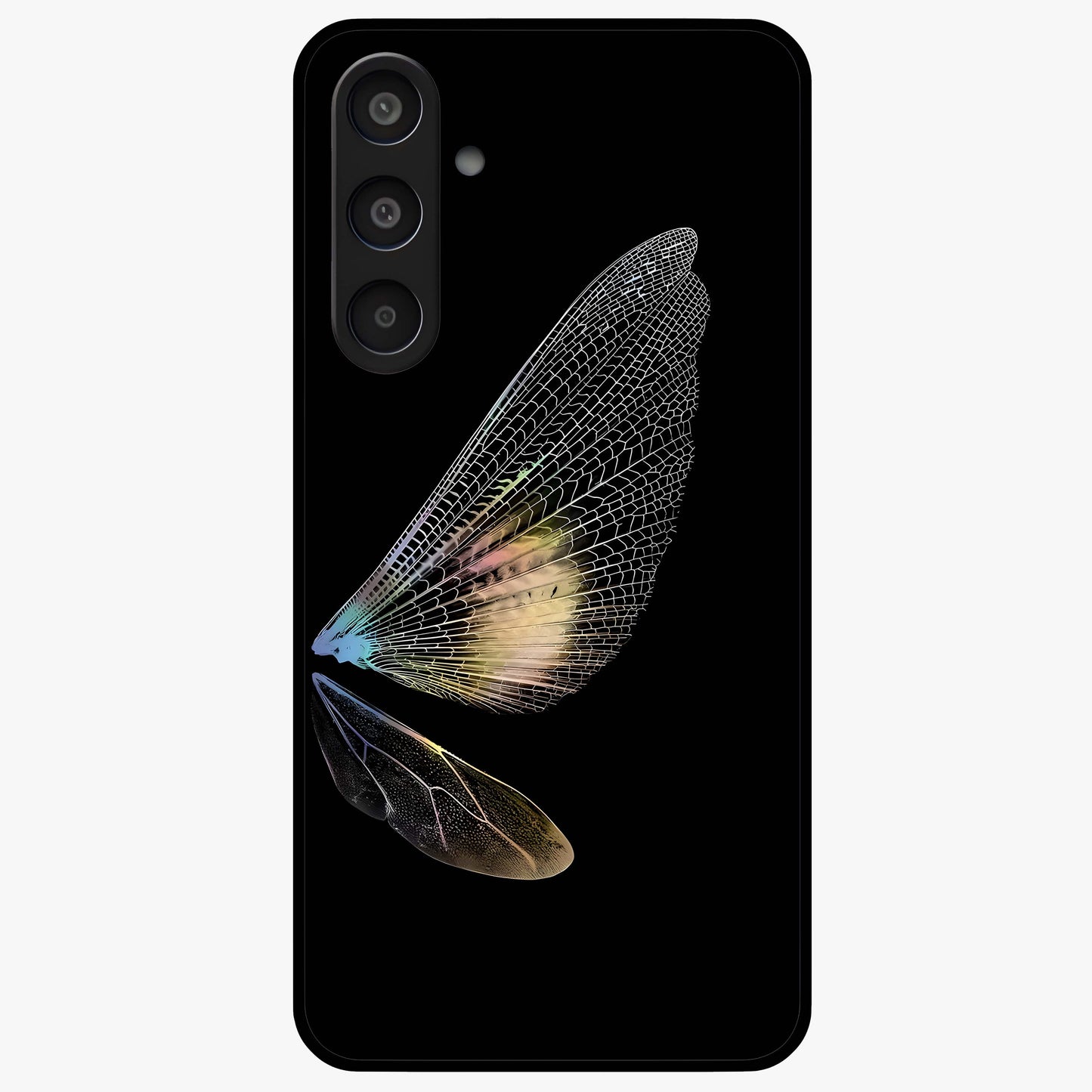 Whispers Of Wings Glass Case showing flat back view with graceful wing inspired artwork and glossy glass finish.