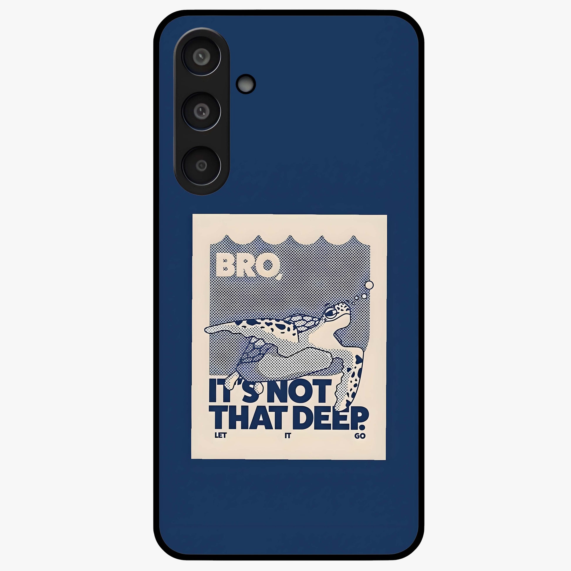 Worry Less Swim Glass Case showing flat back view with playful motivational artwork and glossy glass finish.