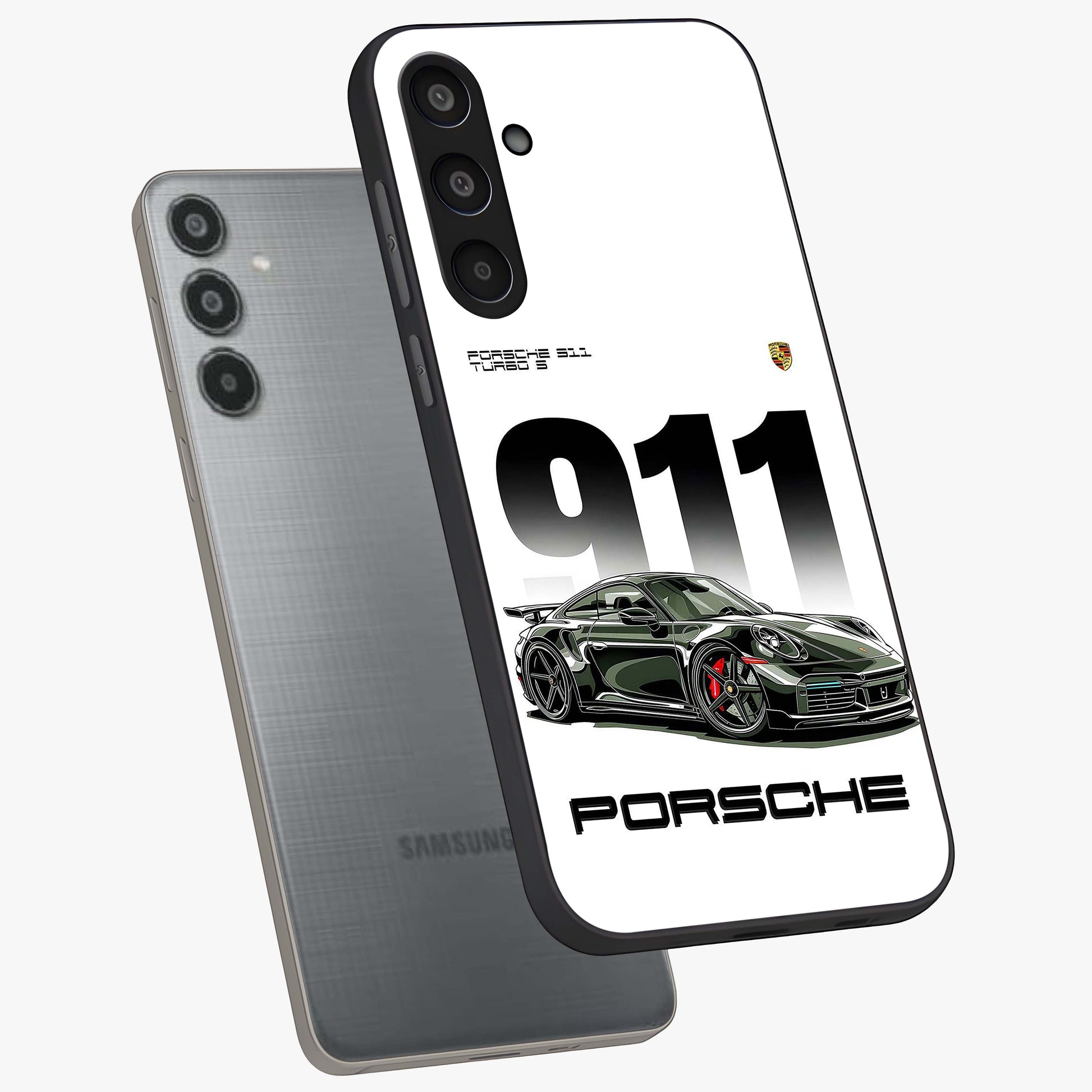911 Turbo Dominance Glass Case displayed in premium angled mockup highlighting sporty car illustration and sleek glass surface.