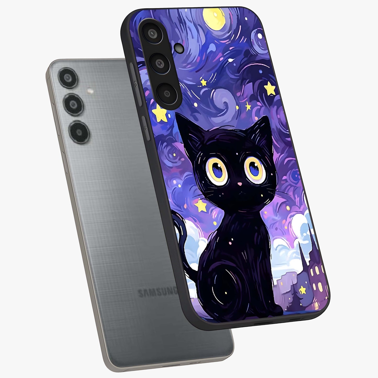 Abstract Cat Art Glass Case displayed in angled mockup highlighting modern abstract cat artwork and sleek glass surface.