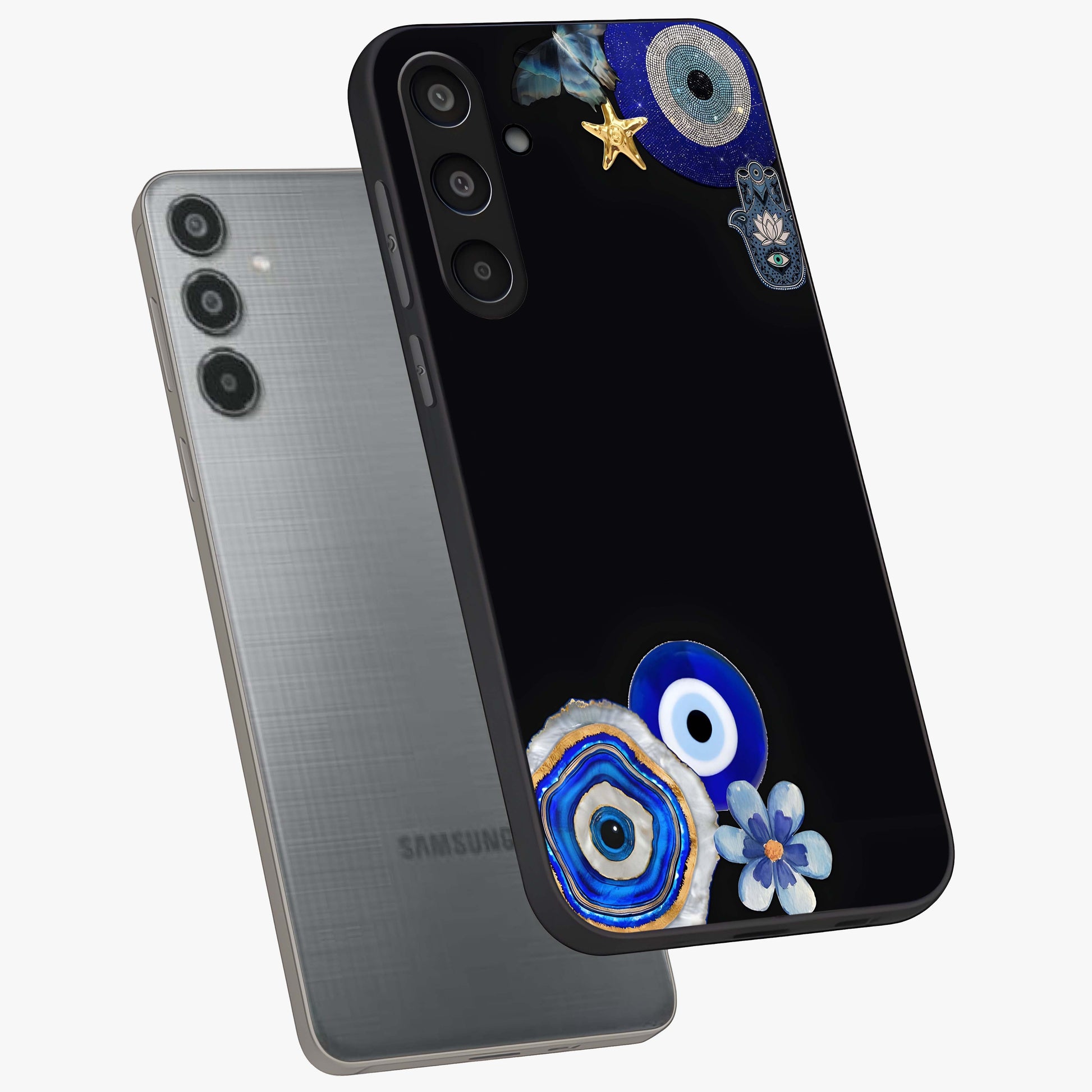 Aesthetic Blue Evil Eye Glass Case displayed in angled mockup highlighting blue evil eye symbol and spiritual aesthetic design.