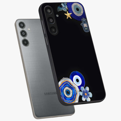 Aesthetic Blue Evil Eye Glass Case displayed in angled mockup highlighting blue evil eye symbol and spiritual aesthetic design.