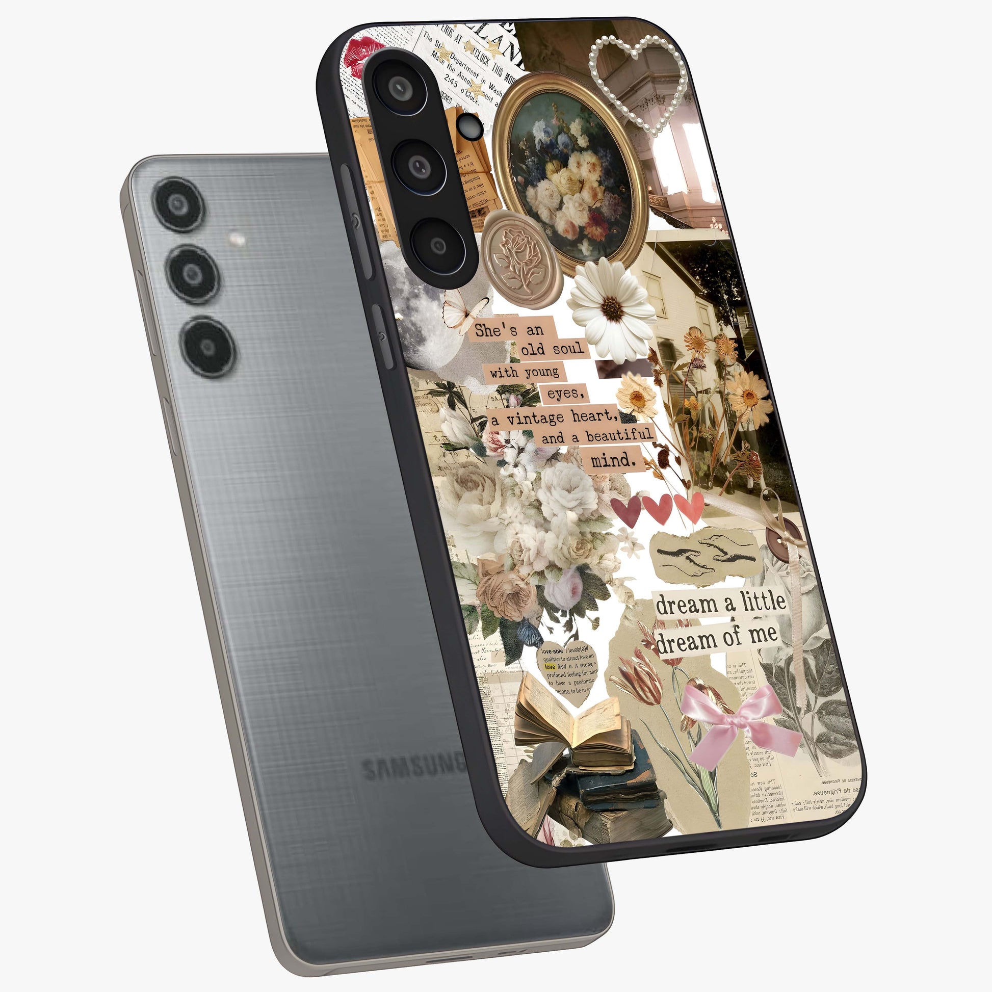 Aesthetic Brown Vintage Collage Glass Case displayed in angled mockup highlighting vintage aesthetic collage design.