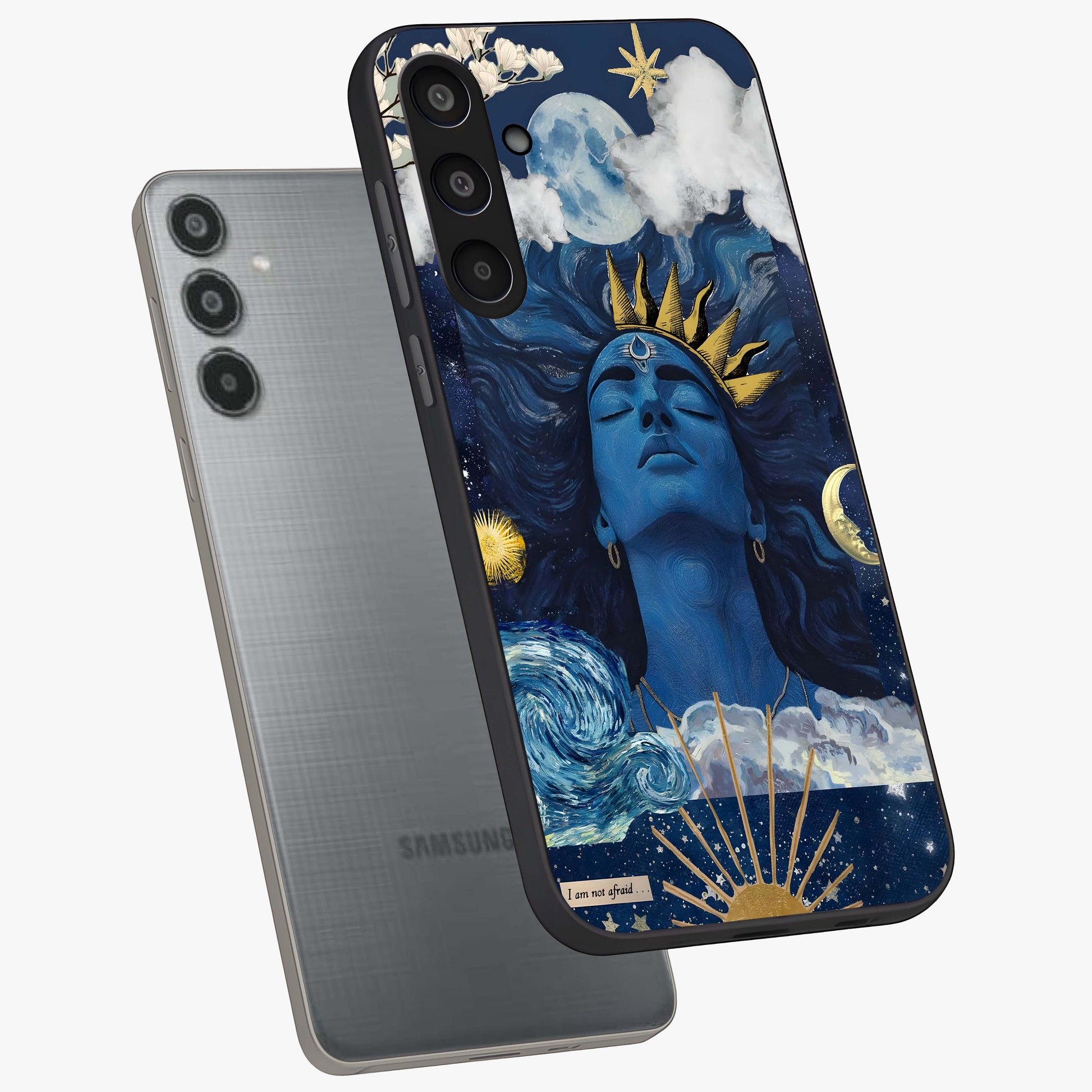 Aesthetic Lord Shiva Glass Case displayed in angled mockup highlighting spiritual Shiva illustration and sacred aesthetic design.
