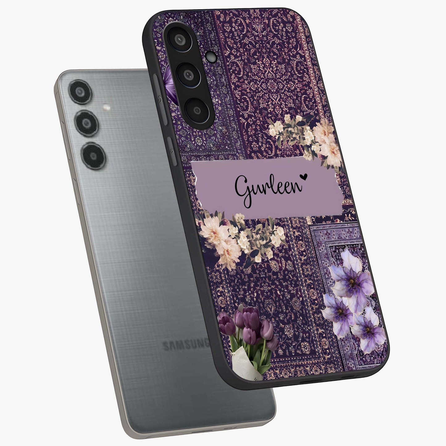 Antique Floral Whisper Custom Name Glass Case displayed in angled mockup highlighting elegant antique floral aesthetic.