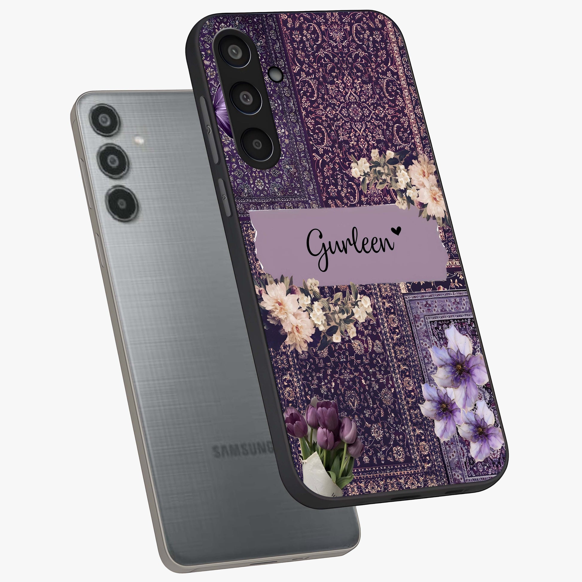 Antique Floral Whisper Custom Name Glass Case displayed in angled mockup highlighting elegant antique floral aesthetic.