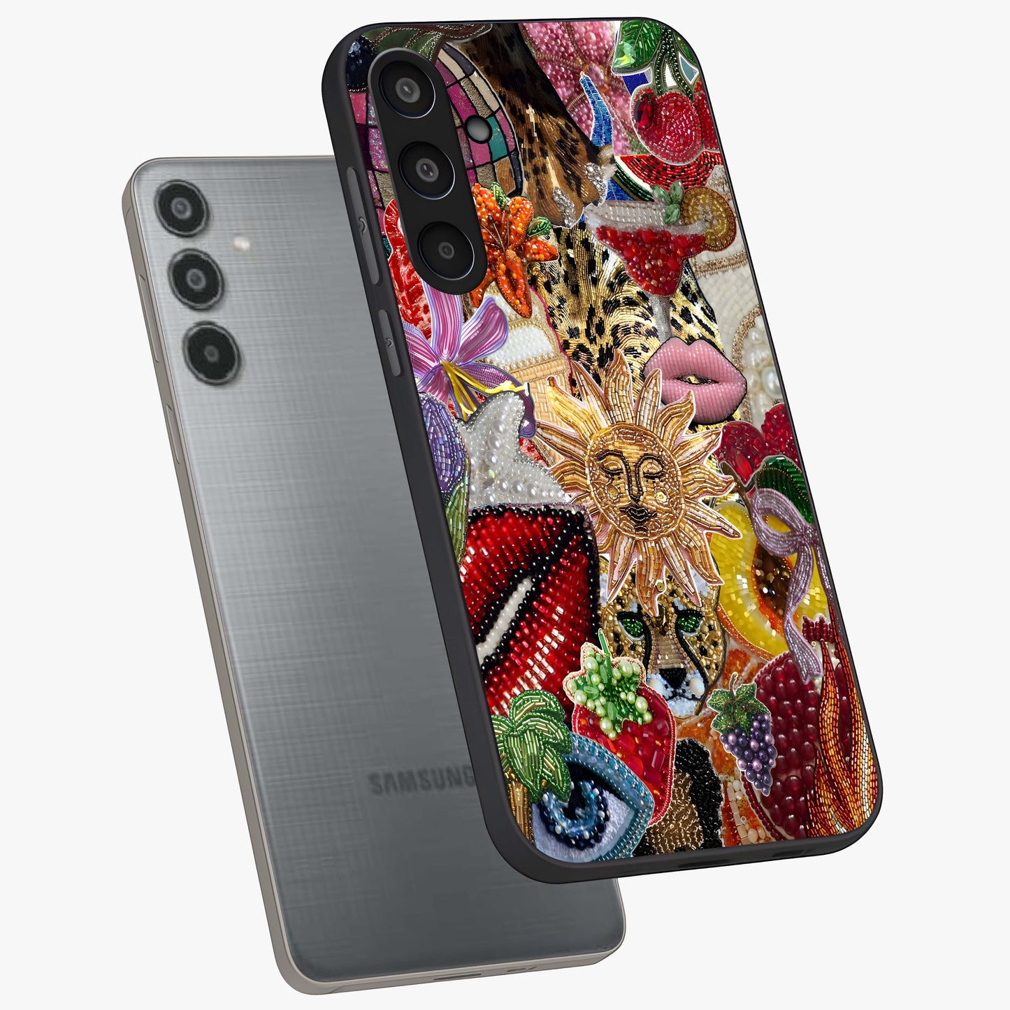 Beaded Fashion Jungle Glass Case displayed in angled mockup highlighting colorful fashion bead design and artistic pattern.