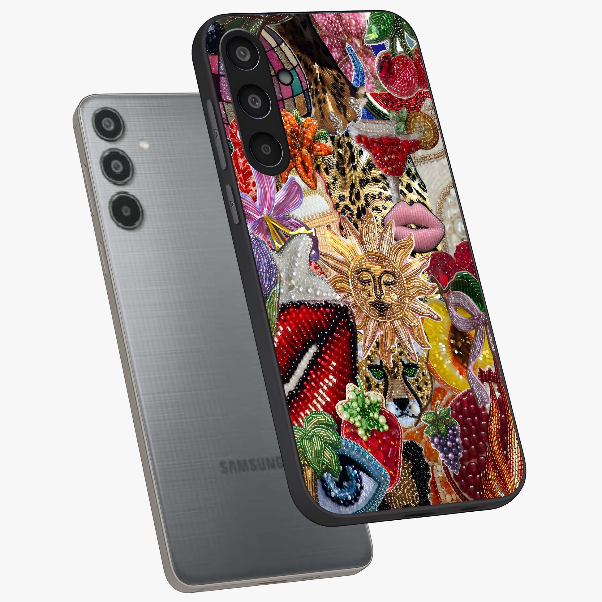 Beaded Fashion Jungle Glass Case displayed in angled mockup highlighting colorful fashion bead design and artistic pattern.