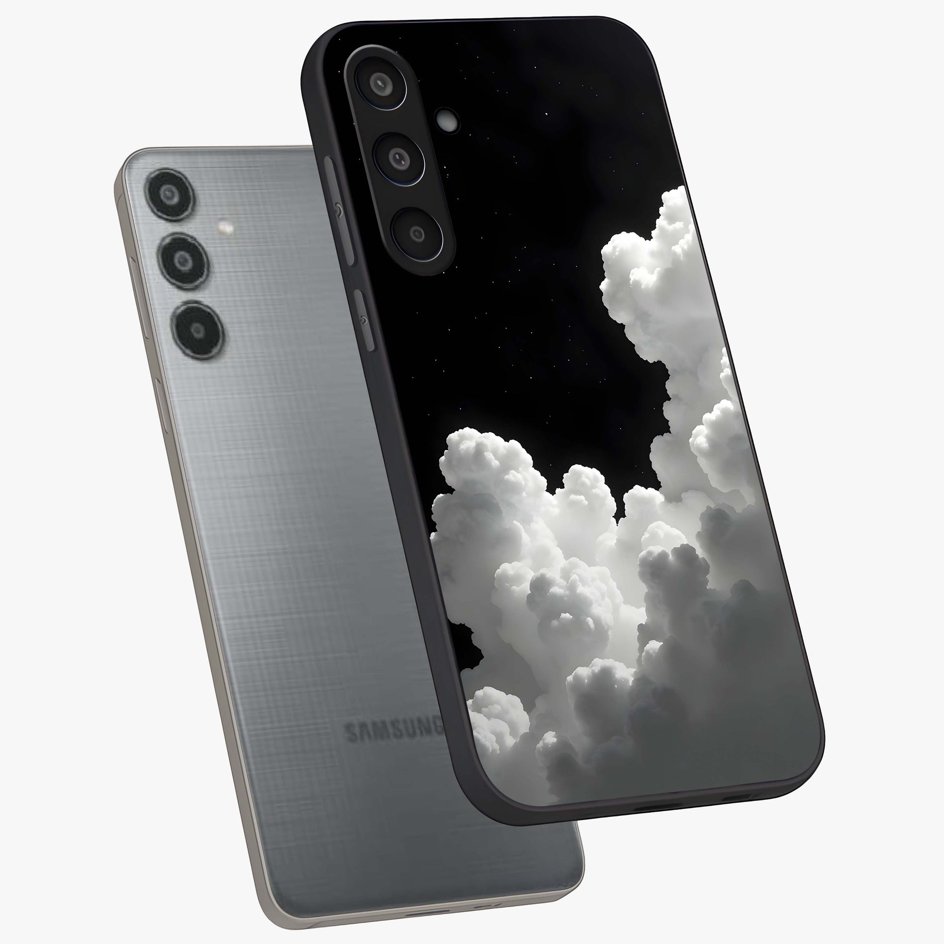 Black Background With White Cloud Glass Case displayed in angled mockup highlighting soft white cloud illustration and minimal design.