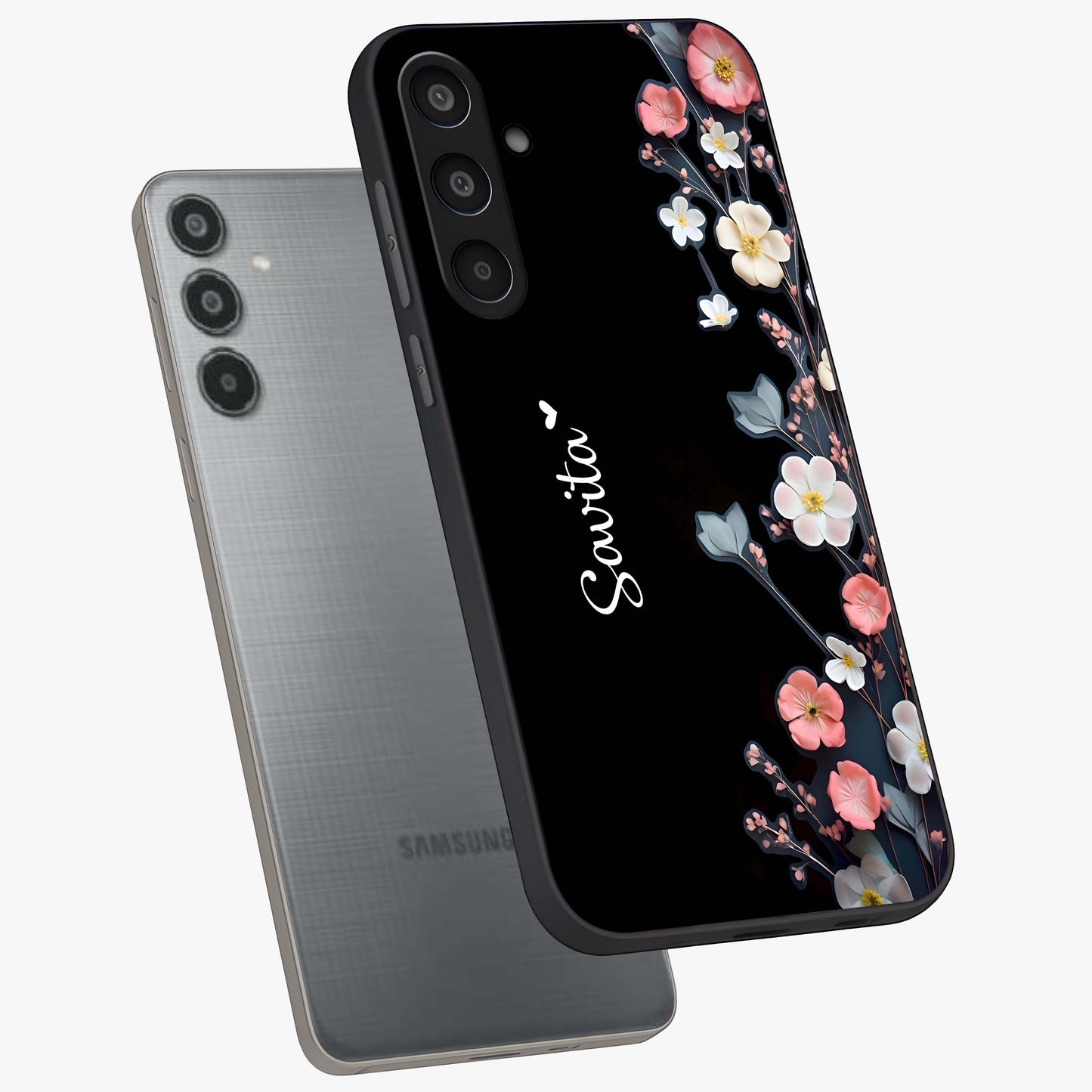 Black Elegance Floral Custom Name Glass Case displayed in angled mockup highlighting dark floral aesthetic and custom name feature.