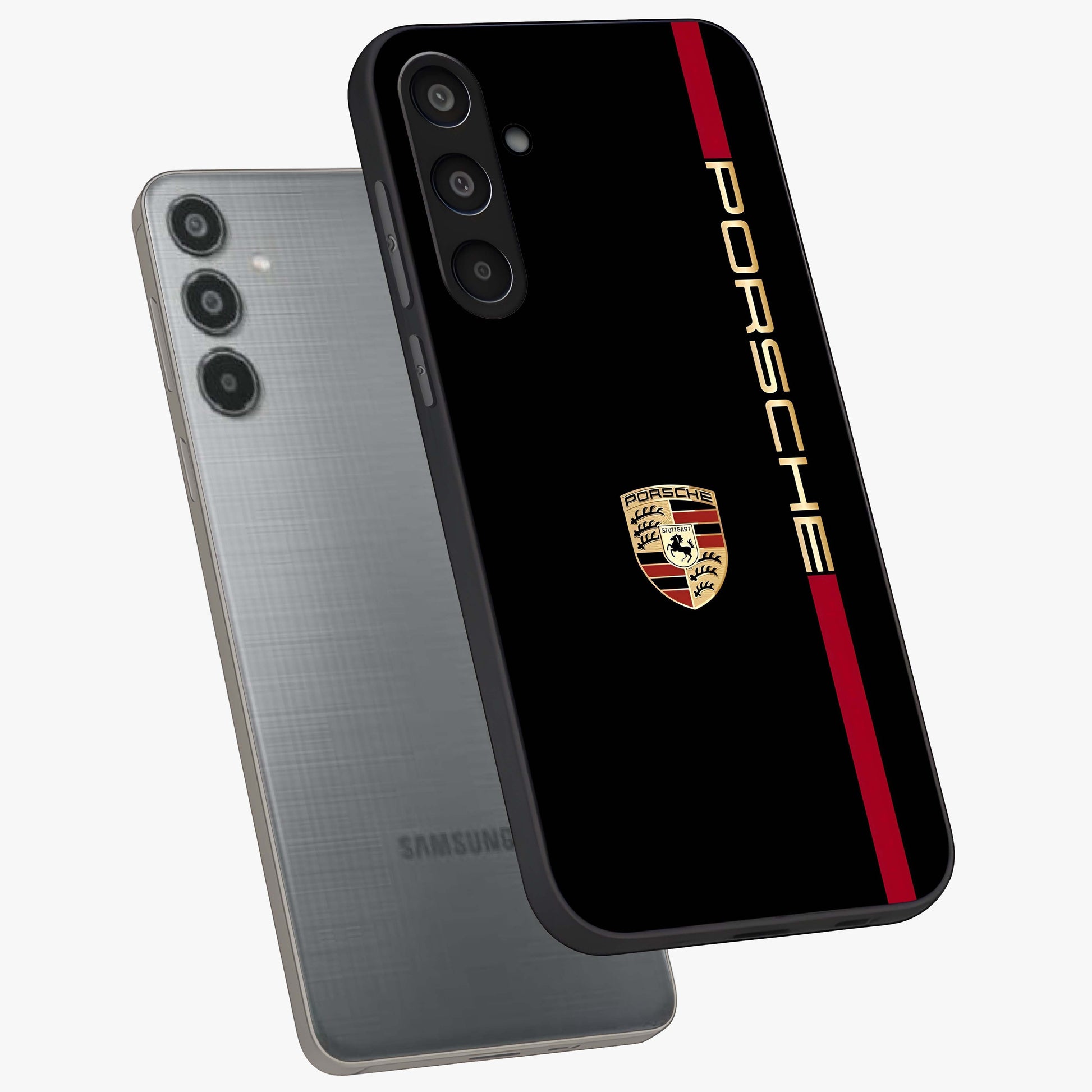 Black Minimal Porsche Glass Case displayed in angled mockup highlighting modern minimal car illustration and clean aesthetic design.
