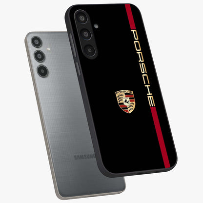 Black Minimal Porsche Glass Case displayed in angled mockup highlighting modern minimal car illustration and clean aesthetic design.